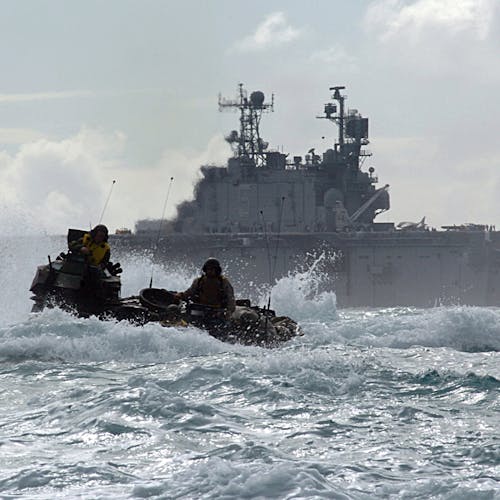 050627-N-9866B-012
Pacific Ocean (June 27, 2005) Ð A U.S. Marine Corps amphibious assault vehicle (AAV), assigned to the 3rd Amphibious Assault Battalion, travels through the Pacific Ocean after departing the amphibious assault ship USS Peleliu (LHA 5). The Marines went ashore at Marine Corps Training Area Bellows, Hawaii and conducted infantry and amphibious training. U.S. Navy photo by Journalist 2nd Class Zack Baddorf (RELEASED)