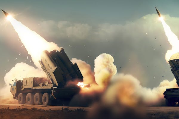 panoramic view of a generic military battalion defense system shooting missiles during a special operation, wide poster design with copy space area